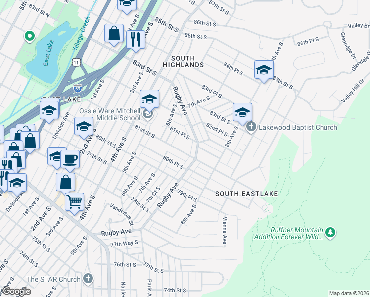 map of restaurants, bars, coffee shops, grocery stores, and more near 716 81st Place South in Birmingham