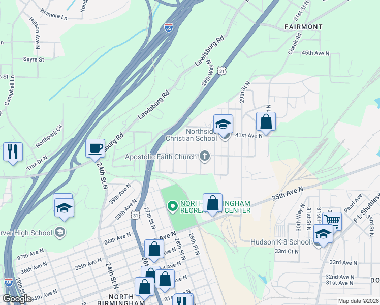 map of restaurants, bars, coffee shops, grocery stores, and more near 4024 Fairmont Street in Birmingham