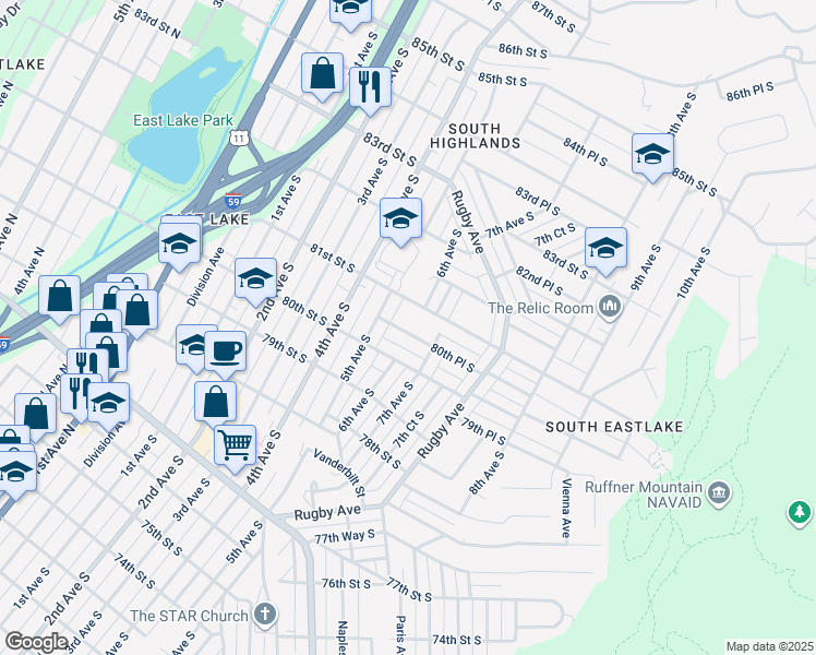 map of restaurants, bars, coffee shops, grocery stores, and more near 527 80th Place South in Birmingham