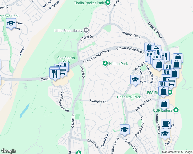 map of restaurants, bars, coffee shops, grocery stores, and more near 39 Lewiston Court in Mission Viejo