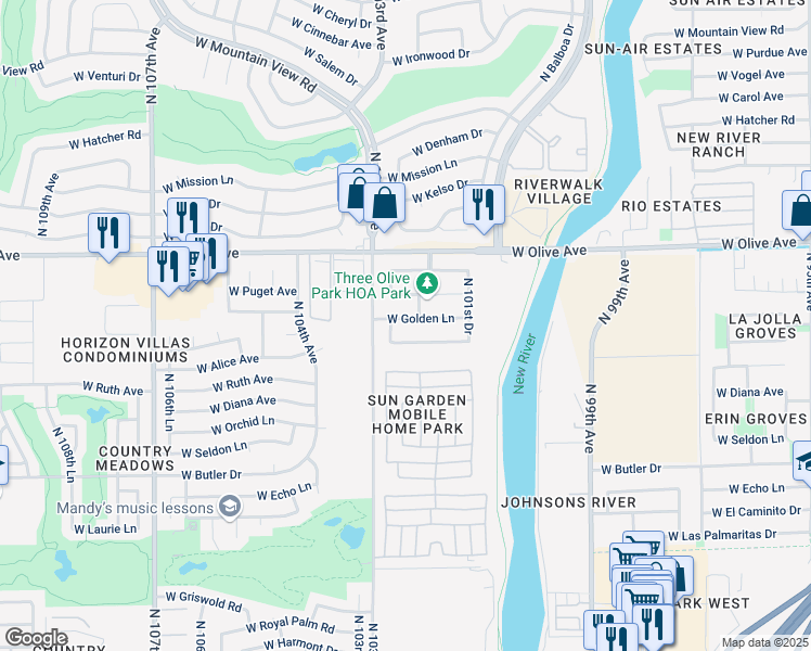 map of restaurants, bars, coffee shops, grocery stores, and more near 10235 West Townley Avenue in Peoria