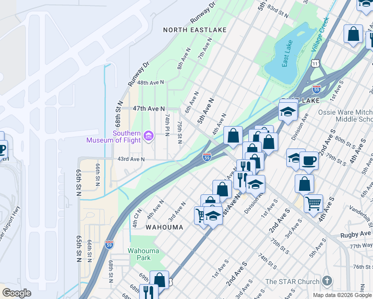 map of restaurants, bars, coffee shops, grocery stores, and more near 7527 5th Avenue North in Birmingham
