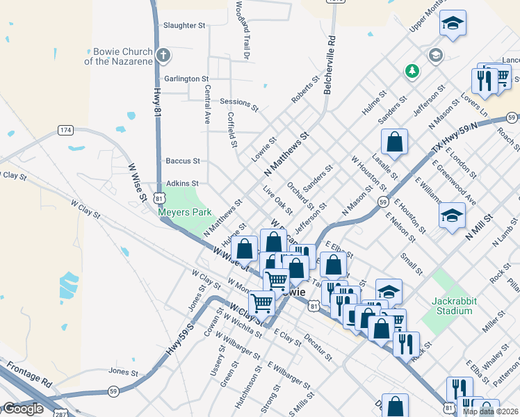 map of restaurants, bars, coffee shops, grocery stores, and more near 511 West Pecan Street in Bowie
