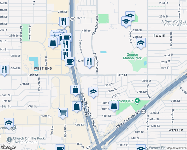 map of restaurants, bars, coffee shops, grocery stores, and more near 5820 34th Street in Lubbock