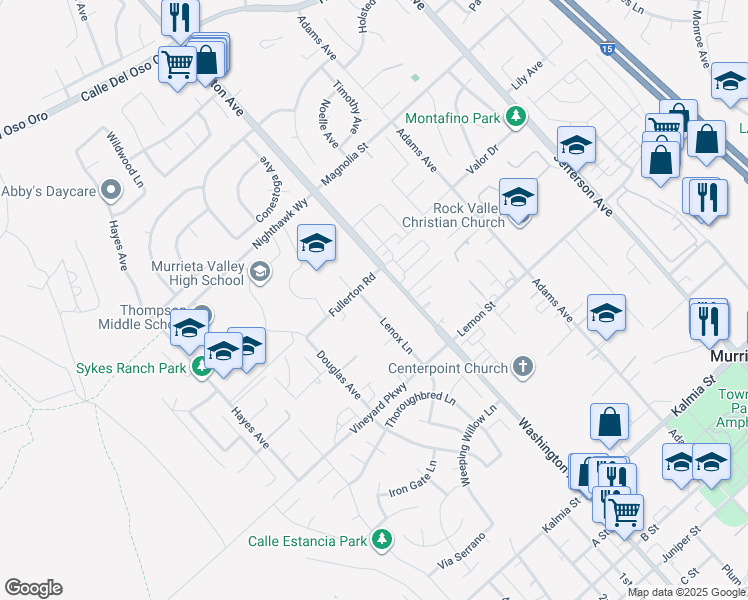 map of restaurants, bars, coffee shops, grocery stores, and more near 24160 Lenox Lane in Murrieta