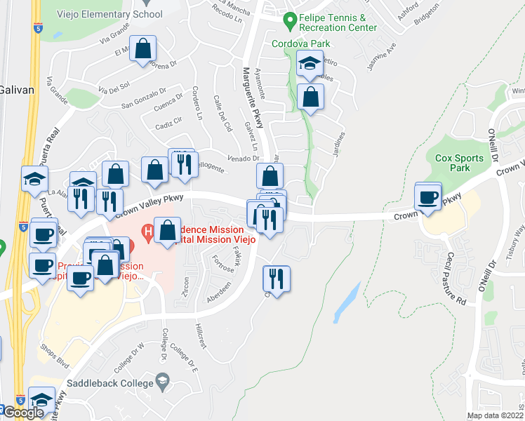 map of restaurants, bars, coffee shops, grocery stores, and more near in Mission Viejo
