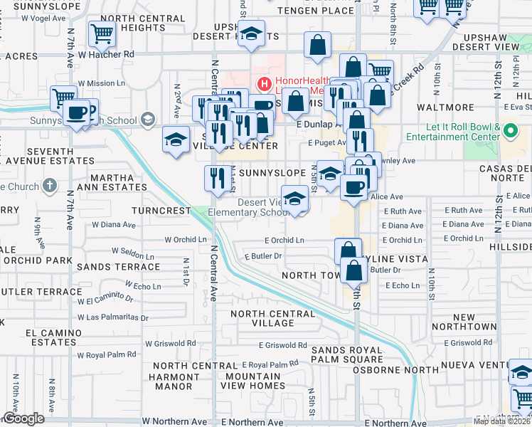 map of restaurants, bars, coffee shops, grocery stores, and more near 207 East Alice Avenue in Phoenix