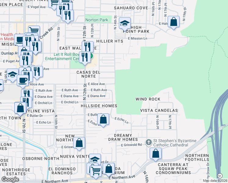 map of restaurants, bars, coffee shops, grocery stores, and more near 1341 East Alice Avenue in Phoenix