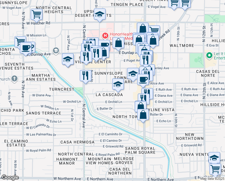 map of restaurants, bars, coffee shops, grocery stores, and more near in Phoenix
