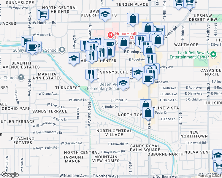map of restaurants, bars, coffee shops, grocery stores, and more near 207 East Alice Avenue in Phoenix