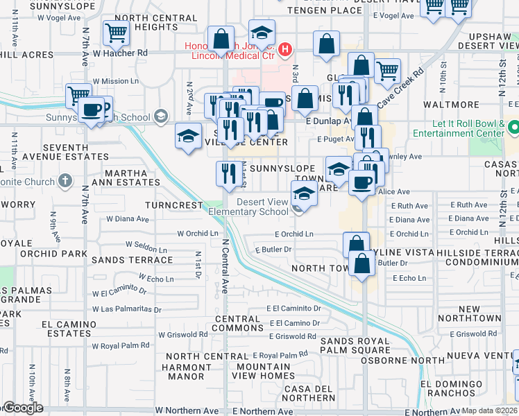 map of restaurants, bars, coffee shops, grocery stores, and more near 103 East Alice Avenue in Phoenix