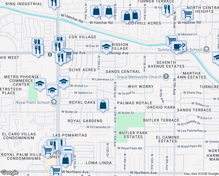 map of restaurants, bars, coffee shops, grocery stores, and more near 1513 West Lawrence Lane in Phoenix