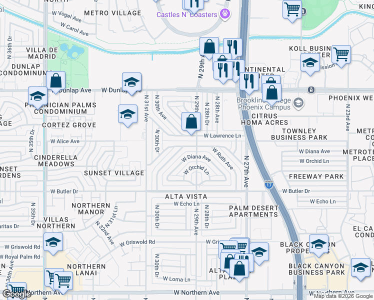 map of restaurants, bars, coffee shops, grocery stores, and more near 2917 West Lawrence Lane in Phoenix