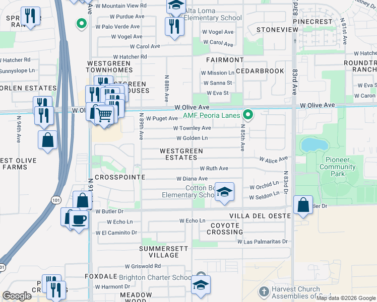 map of restaurants, bars, coffee shops, grocery stores, and more near 8703 West Golden Lane in Peoria