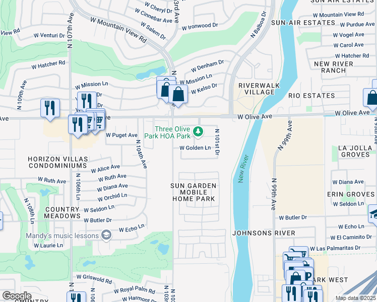 map of restaurants, bars, coffee shops, grocery stores, and more near 10235 West Townley Avenue in Peoria