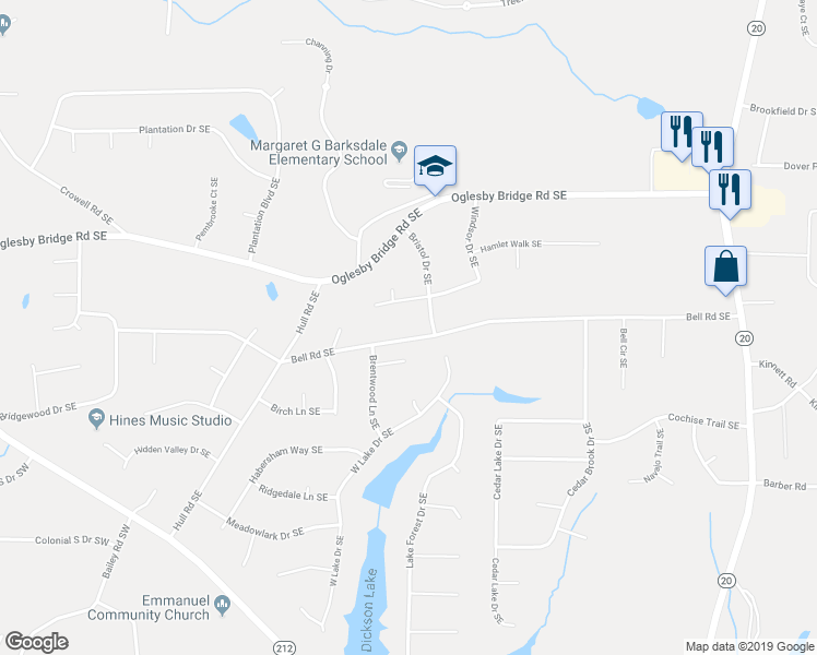 map of restaurants, bars, coffee shops, grocery stores, and more near 570 Bell Road Southeast in Conyers