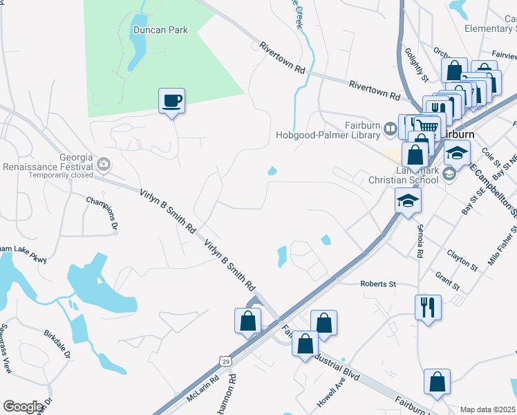 map of restaurants, bars, coffee shops, grocery stores, and more near 319 Brooks Drive in Fairburn