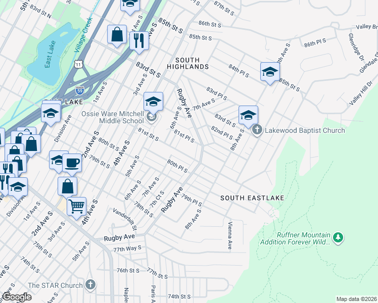 map of restaurants, bars, coffee shops, grocery stores, and more near 716 81st Place South in Birmingham