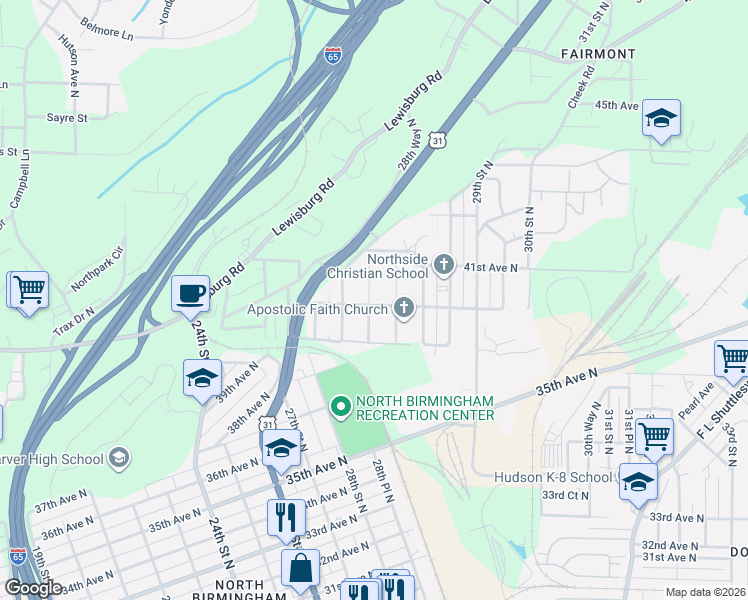 map of restaurants, bars, coffee shops, grocery stores, and more near 4024 Fairmont Street in Birmingham