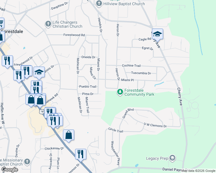 map of restaurants, bars, coffee shops, grocery stores, and more near 809 Miami Place in Birmingham