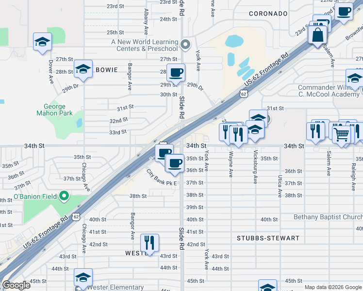 map of restaurants, bars, coffee shops, grocery stores, and more near in Lubbock