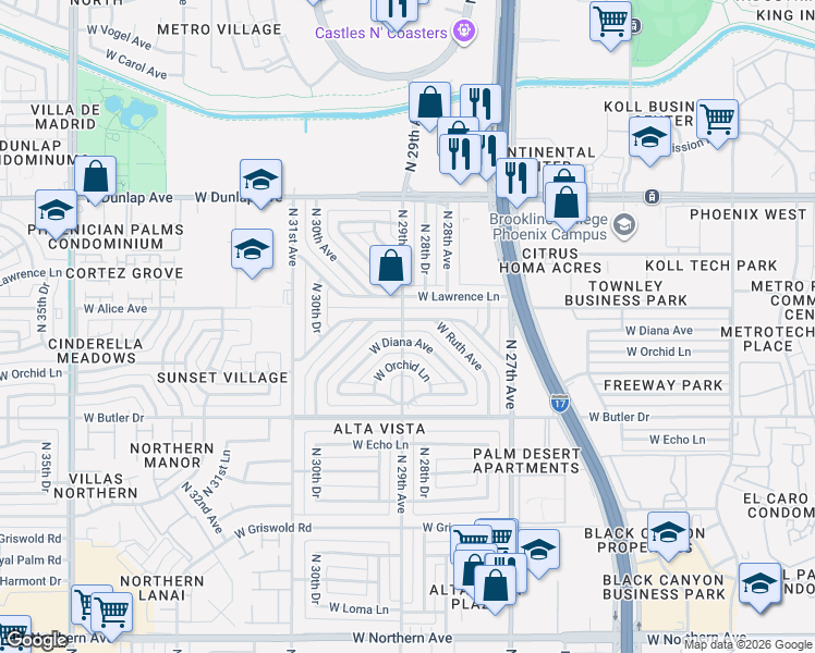 map of restaurants, bars, coffee shops, grocery stores, and more near 2825 West Lawrence Lane in Phoenix