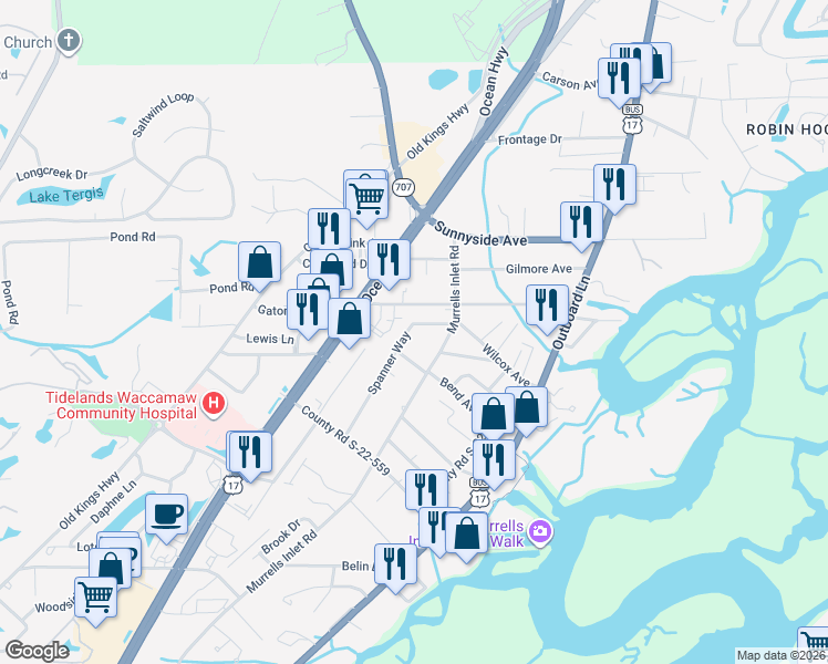 map of restaurants, bars, coffee shops, grocery stores, and more near 633 Hammock Avenue in Murrells Inlet