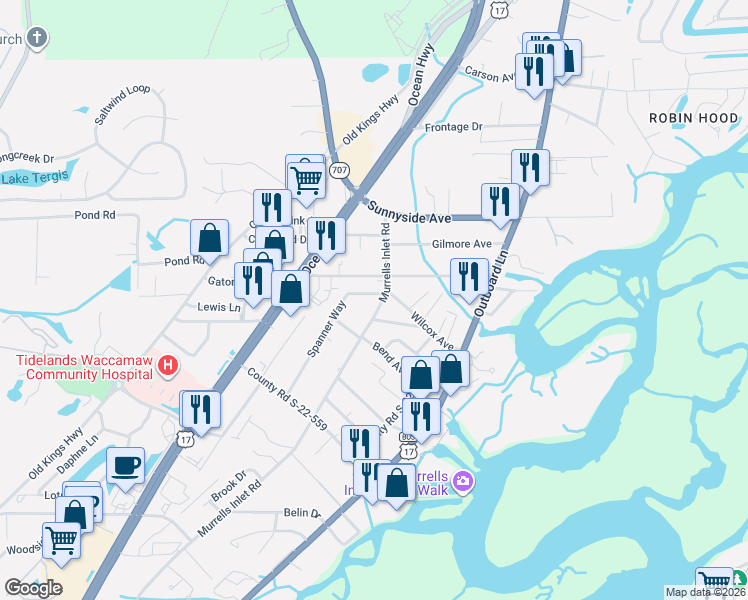 map of restaurants, bars, coffee shops, grocery stores, and more near 595 Hammock Avenue in Murrells Inlet
