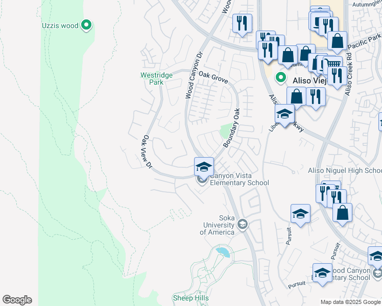 map of restaurants, bars, coffee shops, grocery stores, and more near 10 Sunswept Mesa in Aliso Viejo