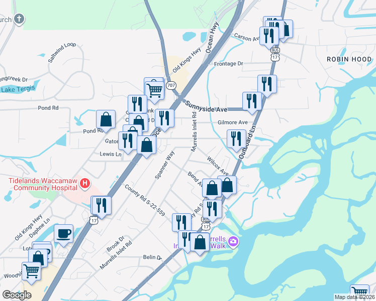 map of restaurants, bars, coffee shops, grocery stores, and more near 595 Hammock Avenue in Murrells Inlet