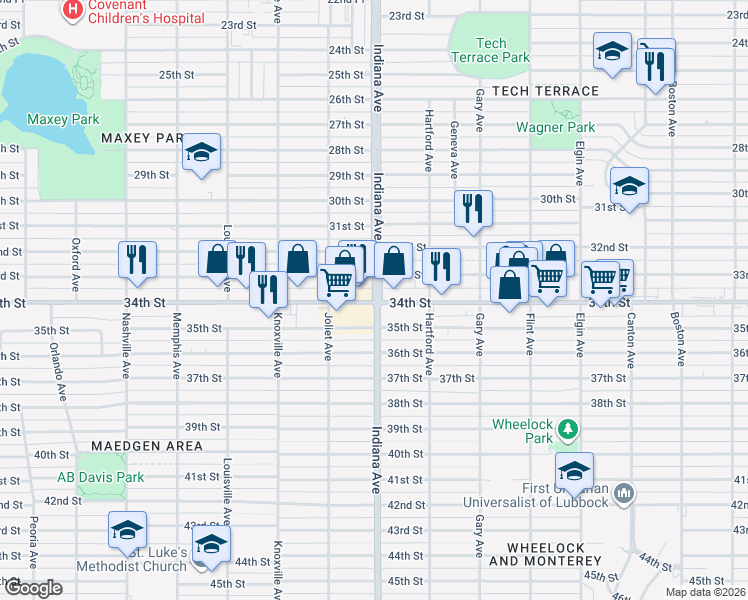 map of restaurants, bars, coffee shops, grocery stores, and more near 3321 33rd Street in Lubbock