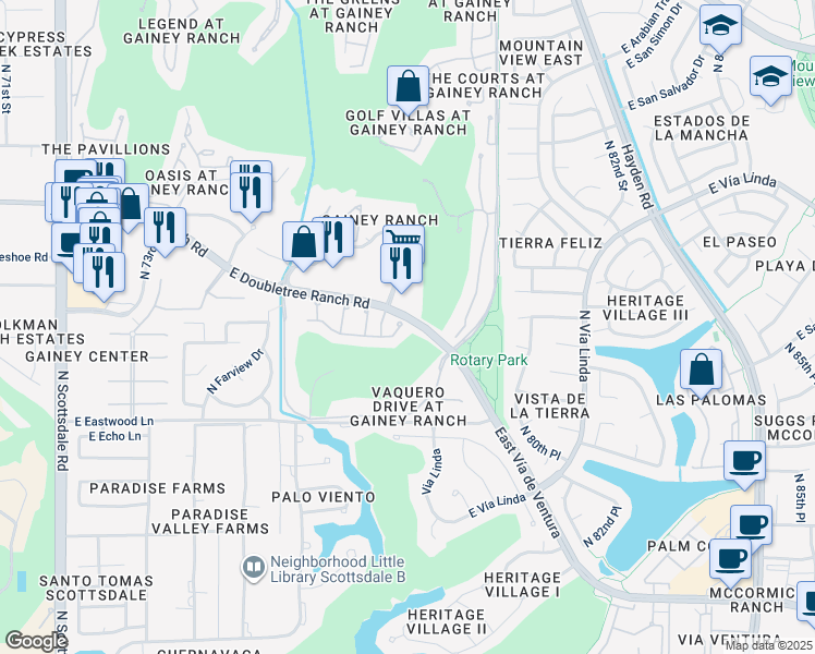 map of restaurants, bars, coffee shops, grocery stores, and more near 8777 North Gainey Center Drive in Scottsdale