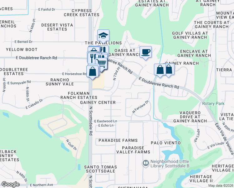 map of restaurants, bars, coffee shops, grocery stores, and more near 8696 North 73rd Way in Scottsdale