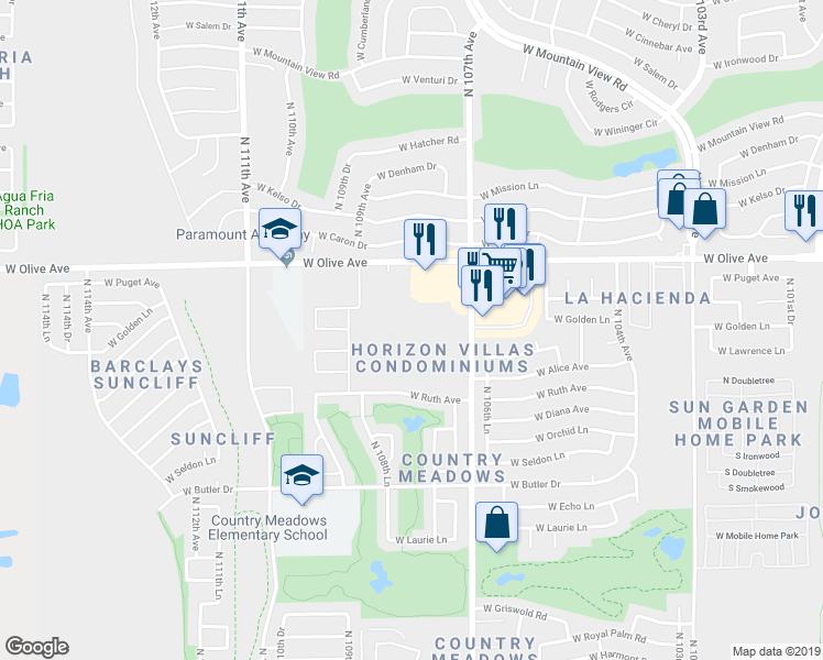 map of restaurants, bars, coffee shops, grocery stores, and more near 10847 West Olive Avenue in Peoria