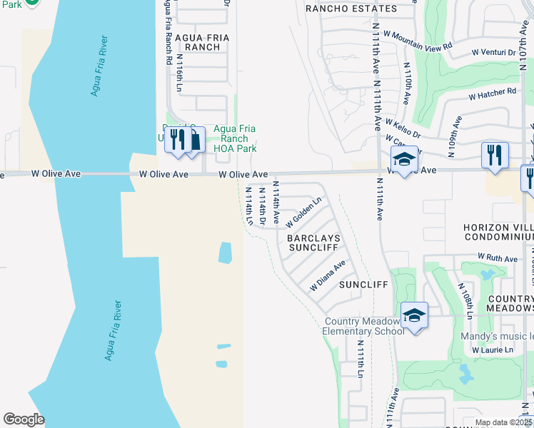 map of restaurants, bars, coffee shops, grocery stores, and more near 8890 North 114th Avenue in Peoria
