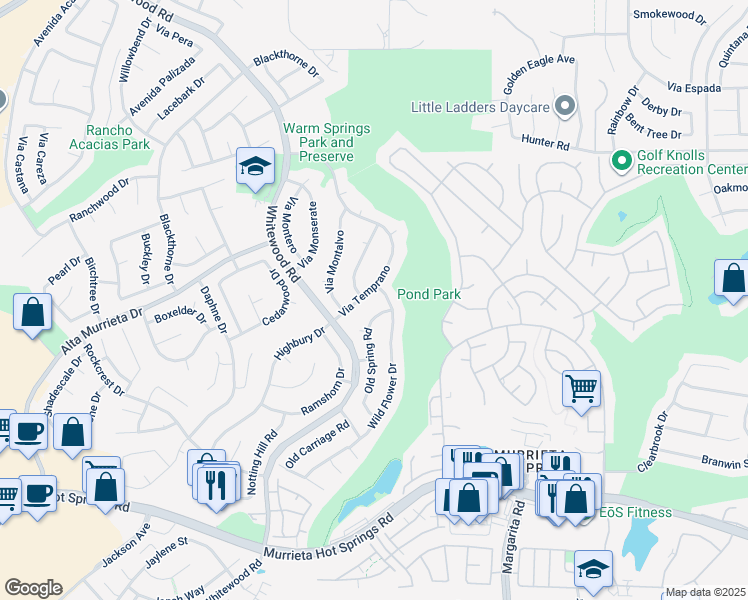 map of restaurants, bars, coffee shops, grocery stores, and more near 39641 Via Temprano in Murrieta