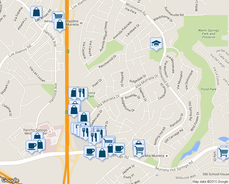 map of restaurants, bars, coffee shops, grocery stores, and more near 39816 Brandy Lane in Murrieta