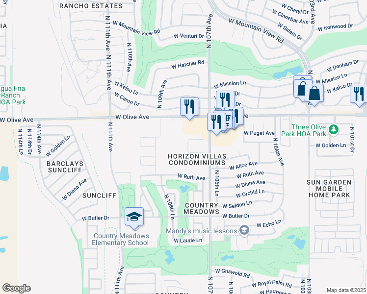 map of restaurants, bars, coffee shops, grocery stores, and more near 10847 West Olive Avenue in Peoria