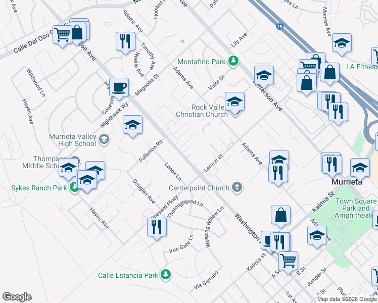 map of restaurants, bars, coffee shops, grocery stores, and more near 24264 Washington Avenue in Murrieta