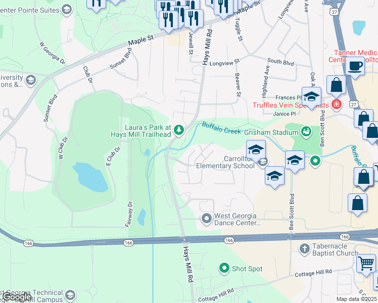 map of restaurants, bars, coffee shops, grocery stores, and more near 128 Mill Stream Court in Carrollton