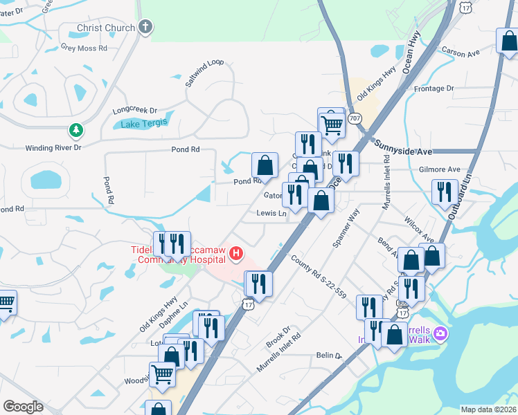 map of restaurants, bars, coffee shops, grocery stores, and more near 889 Gator Lane in Murrells Inlet