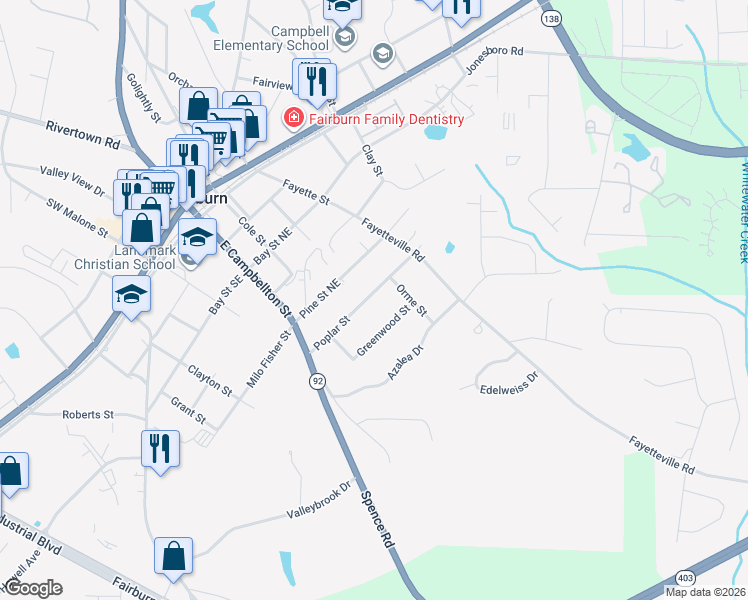 map of restaurants, bars, coffee shops, grocery stores, and more near 141 Poplar Street in Fairburn