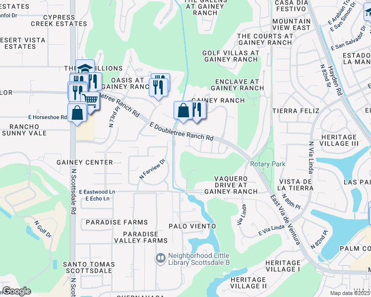 map of restaurants, bars, coffee shops, grocery stores, and more near 7620 East Vaquero Drive in Scottsdale