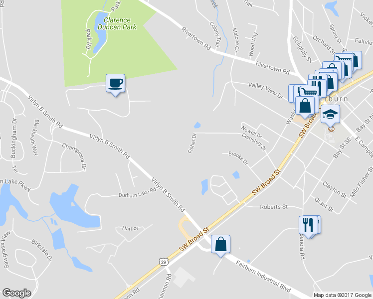 map of restaurants, bars, coffee shops, grocery stores, and more near 595 Fisher Drive in Fairburn