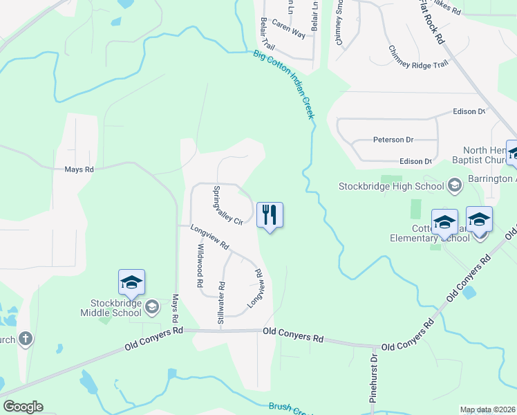 map of restaurants, bars, coffee shops, grocery stores, and more near 138 Springvalley Circle in Stockbridge