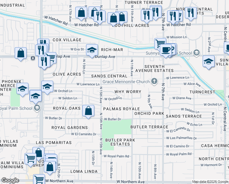 map of restaurants, bars, coffee shops, grocery stores, and more near in Phoenix