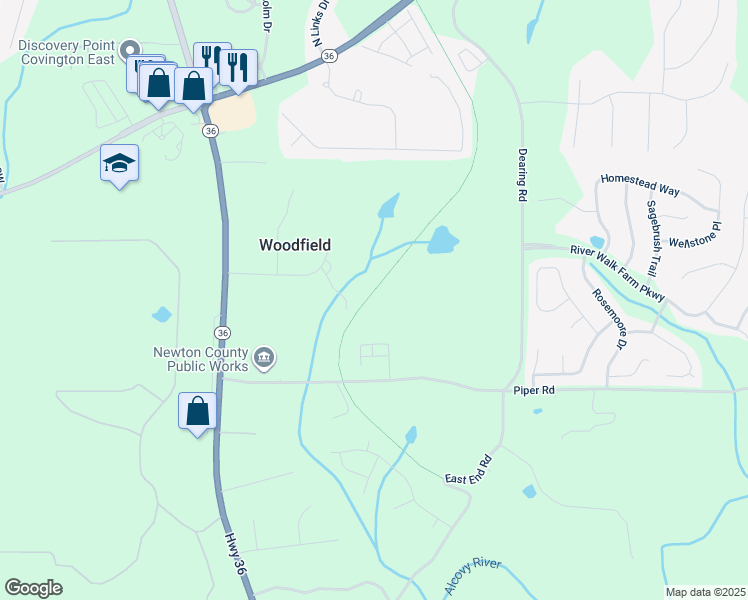 map of restaurants, bars, coffee shops, grocery stores, and more near 86 Woodfield Road in Covington