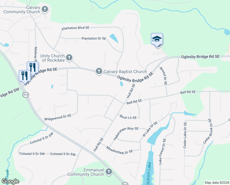 map of restaurants, bars, coffee shops, grocery stores, and more near 4741 Kensington Court Southeast in Conyers