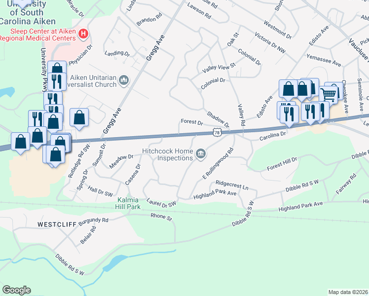 map of restaurants, bars, coffee shops, grocery stores, and more near 1213 Richland Avenue West in Aiken