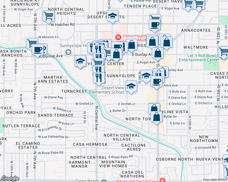 map of restaurants, bars, coffee shops, grocery stores, and more near 207 East Alice Avenue in Phoenix
